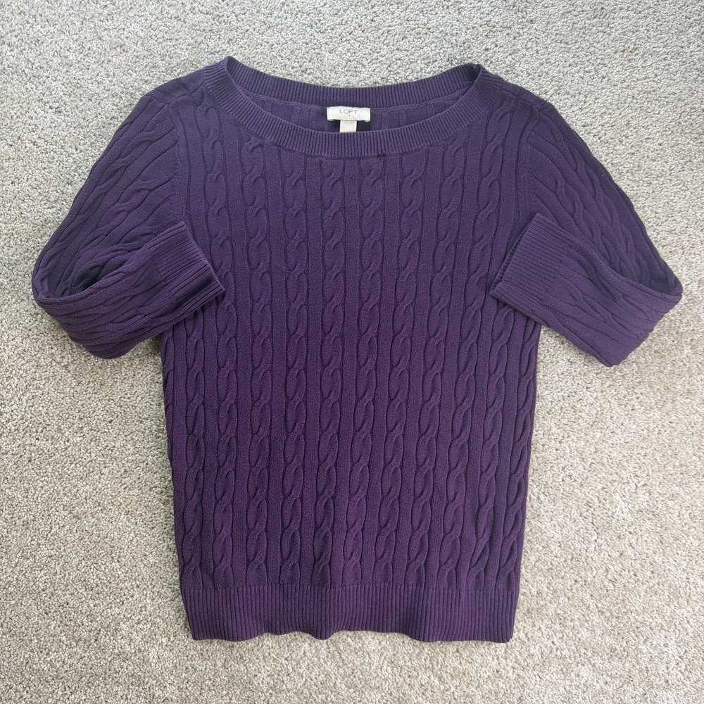 LOFT Sweater Womens Large Purple Cable-Knit Boat Neck Short Sleeve Pullover